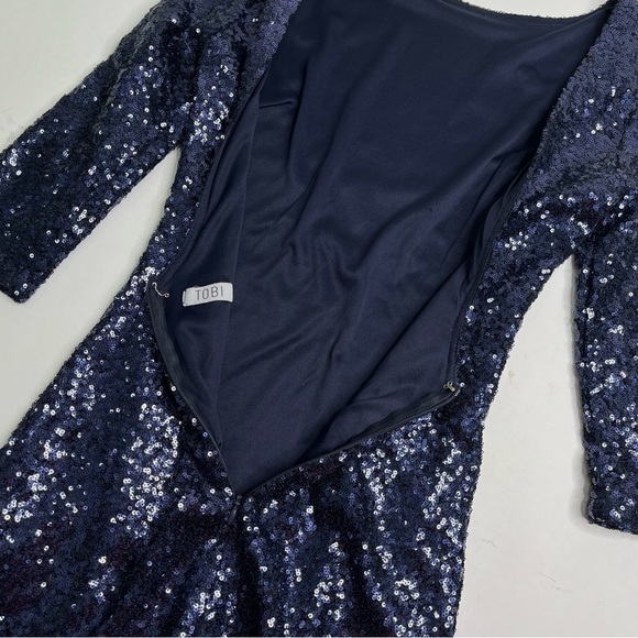 TOBI Navy Blue Sequin Glam Low Back Long Sleeve Party Cocktail Sexy Mini Dress - Picture 8 of 13